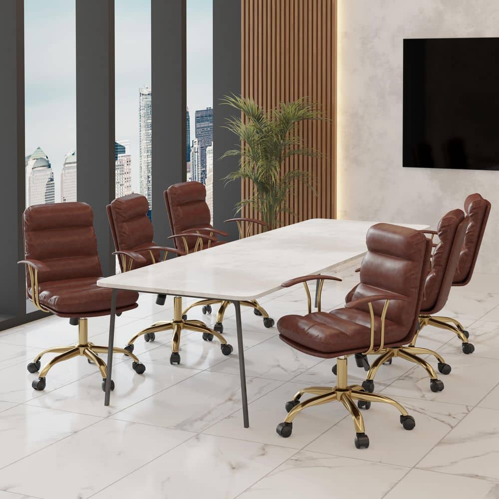 Walnut Brown Leather Executive Swivel Office Chair with Gold Base