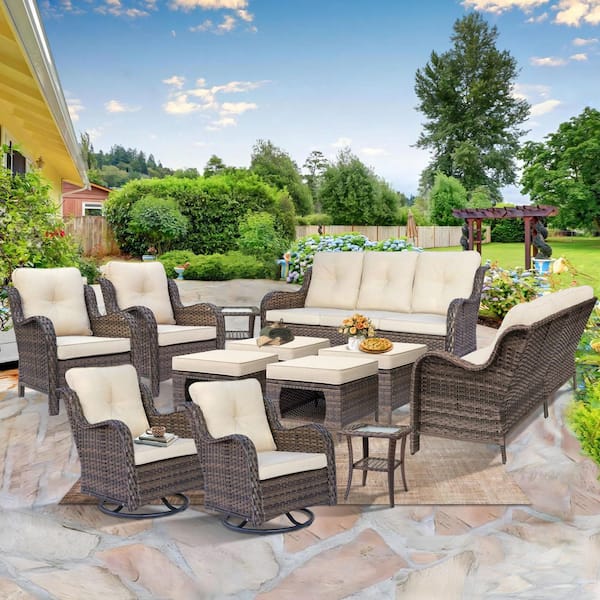 Brown 12-Piece Rattan Patio Conversation Set Lounge Sofa Chairs Swivel Rockers Ottomans Side Table with Beige Cushions