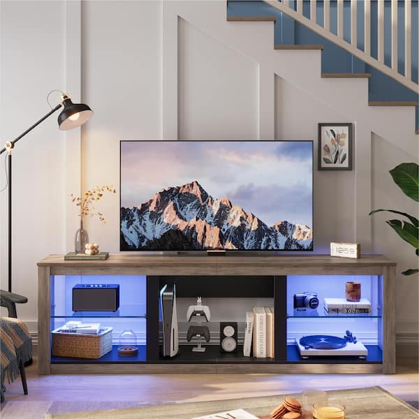 Bestier 71 in. Modern LED TV Stand in Wash Gray with Open Storage and Adjustable Shelves