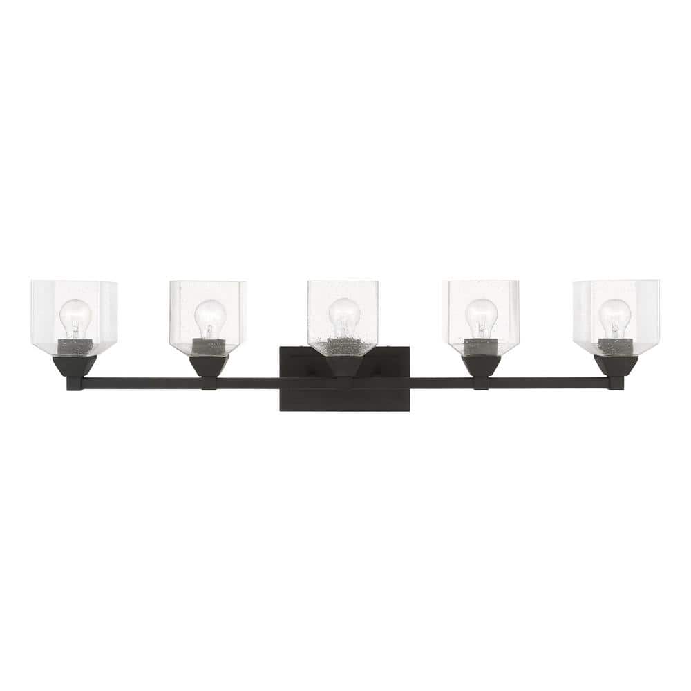 Lansford 42 in. 5-Light Black Vanity Light with Clear Seeded Glass