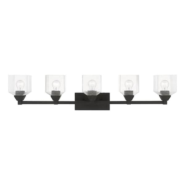 Livex Lighting Lansford 42 in. 5-Light Black Vanity Light with Clear Seeded Glass