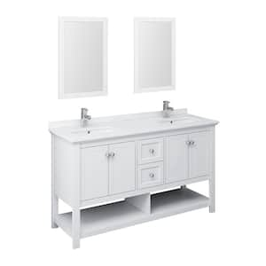 Manchester 60 in. W Bathroom Double Bowl Vanity in White with Quartz Stone Vanity Top in White with White Basins,Mirrors