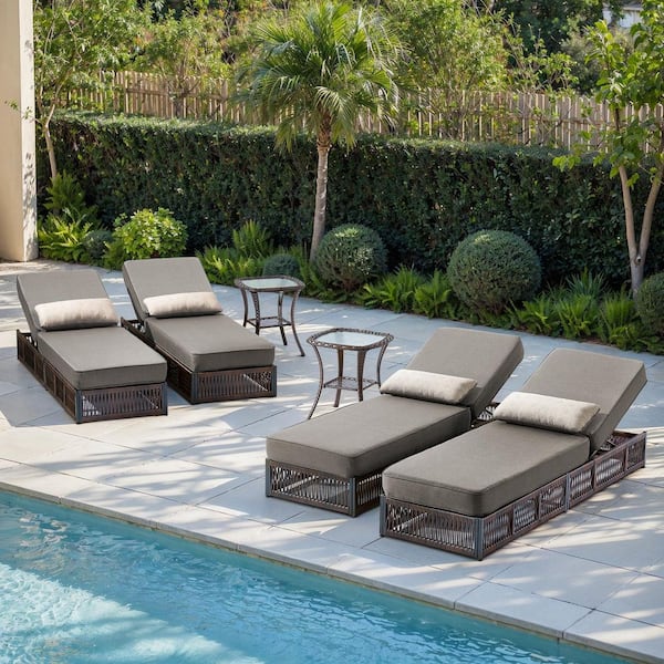 ArcoBay 6-Piece Brown Wicker Outdoor Chaise Lounge with 5 in. Thick Gray Cushions and Side Table