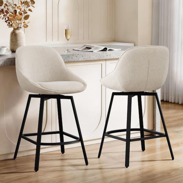 Fara 36.8 in. Sand Fabric Metal Frame Counter Height Bar Stool with  Footrest for Dining Room (Set of 2)