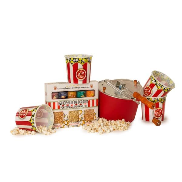 Wabash Valley Farms 6 Qt. Aluminum Red Stovetop Popcorn Popper with Movie Night Popcorn and Seasonings Set and 4 Tubs 6-Piece Popcorn Set