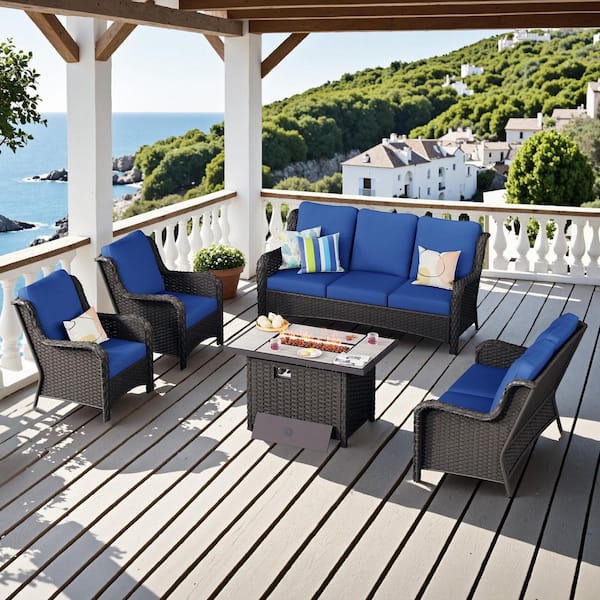 OVIOS Joyoung Brown 5-Piece Wicker Patio Rectangle Fire Pit Conversation Seating Set with Navy Blue Cushions
