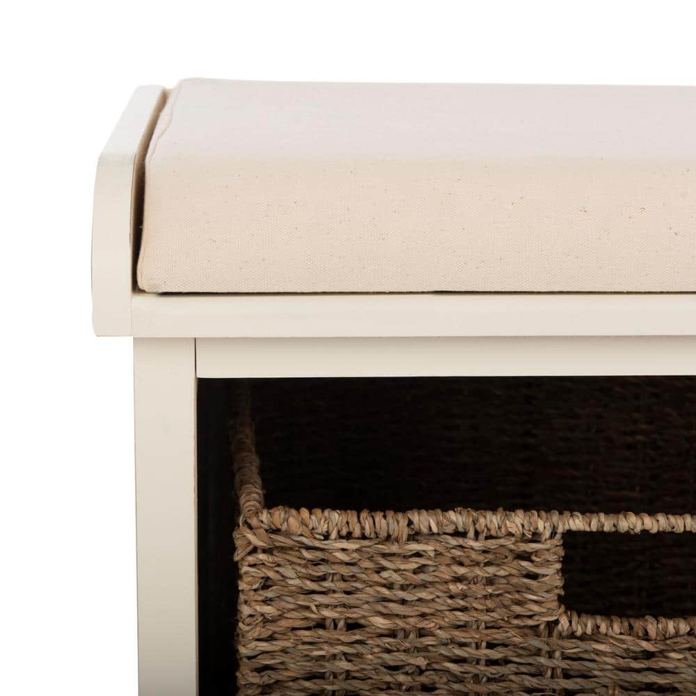 White Pine Storage Bench with Wicker Baskets and Cushion