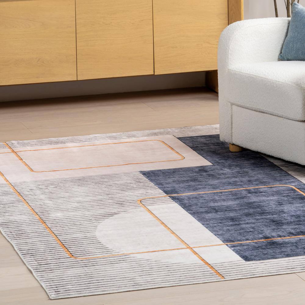 Modern Abstract Blue and Beige Washable Area Rug