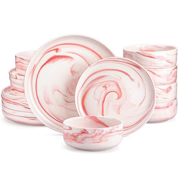 18-Piece Marble Pink Porcelain Dinnerware Set Service for 6 Dinner Set Bowls and Plates Set Tableware Service