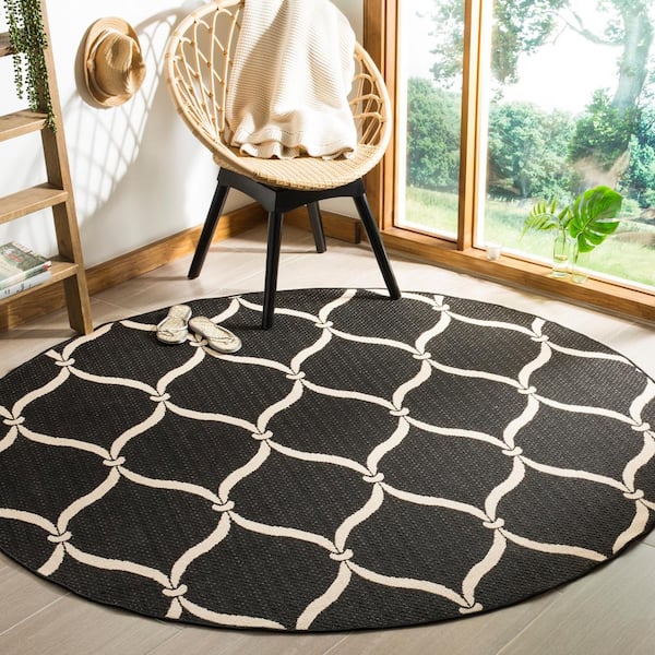 Courtyard Black/Beige 7 ft. Round Trellis Indoor/Outdoor Area Rug