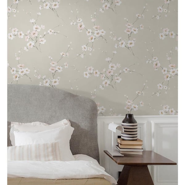 56 sq. ft. Pavestone & Pink Mist Blossoming Branches Pre-pasted Paper Wallpaper Roll