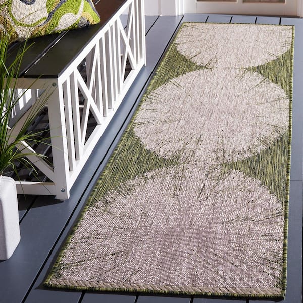 Courtyard Beige/Dark Green 2 ft. x 8 ft. Floral Abstract Indoor/Outdoor Runner Rug