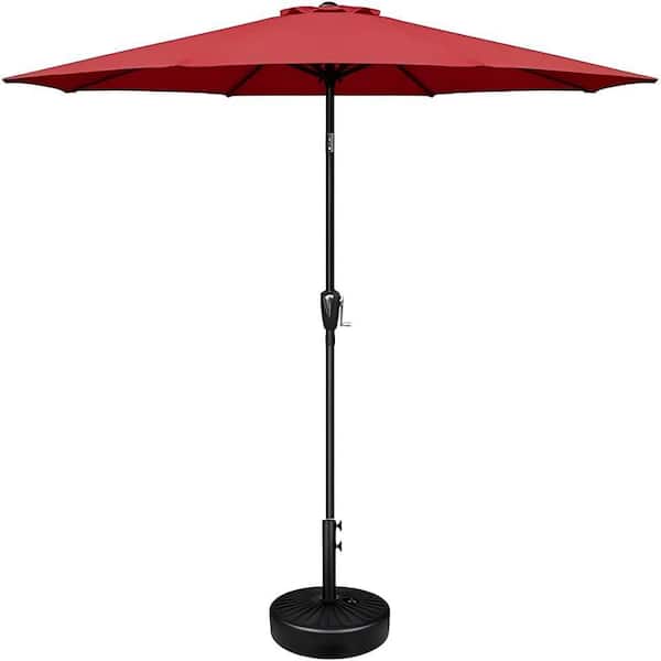 Tatayosi 9 ft. Steel Market Crank and Push Button Tilt Patio Umbrella with Base in Red