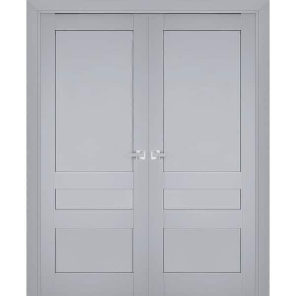 Sartodoors 48 in. x 96 in. 2 Panel Matte Grey Finished Solid Wood Sliding Door with Hardware