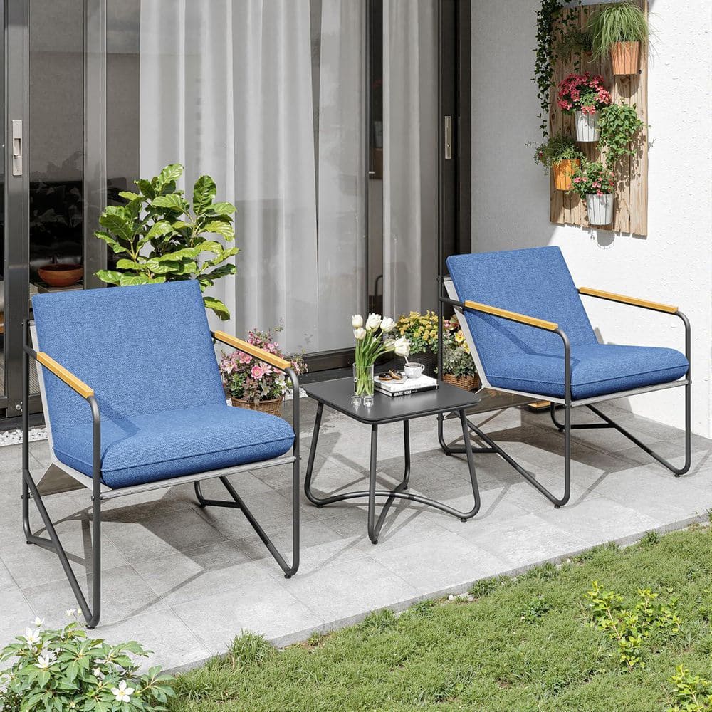 Compact Outdoor 3-Piece Wicker Patio Conversation Set with Blue Cushions price history on PriceWatchPro