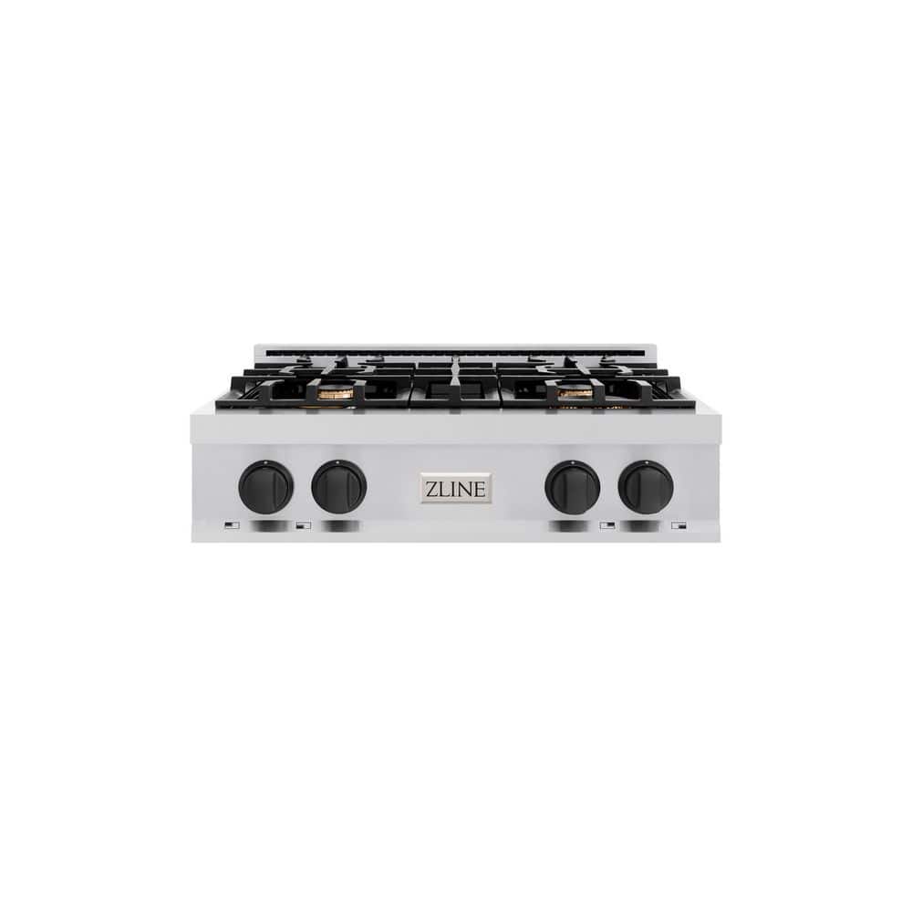ZLINE Kitchen and Bath Autograph Edition 30 in. 4 Burner Front Control Gas Cooktop with Matte Black Knobs in Stainless Steel