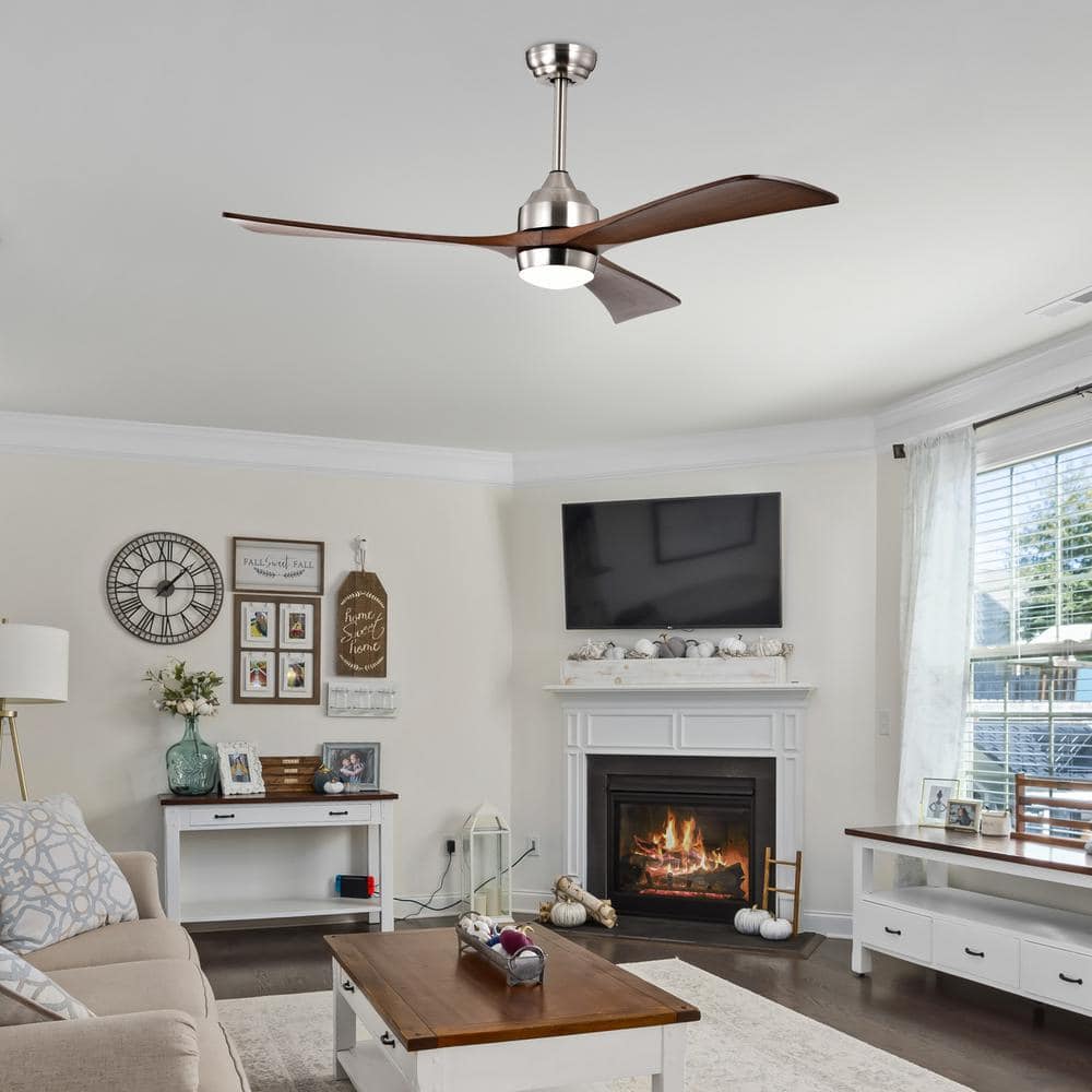 52" Silver and Brown Wood Industrial Ceiling Fan with LED Light and Remote