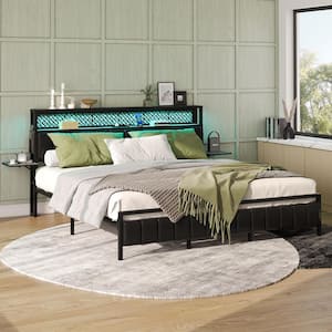 Walnut Metal Frame King Platform Bed with LED Upholstered Storage Headboard Charge Station and Foldable Bedside Shelf