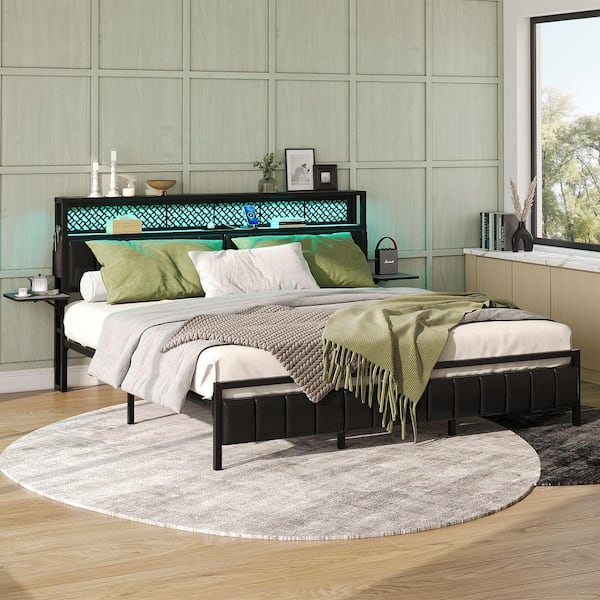 Walnut Metal Frame King Platform Bed with LED Upholstered Storage Headboard Charge Station and Foldable Bedside Shelf