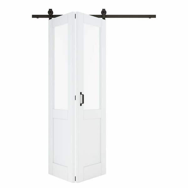 ARK DESIGN 56 in. x 80 in. 1/2-Lite Tempered Clear Glass White Primed MDF Bifold Sliding Barn Door with Hardware Kit