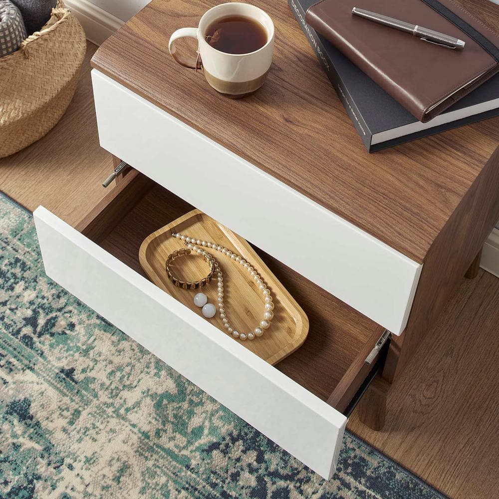 Walnut and White 2-Drawer Nightstand with Tapered Legs