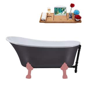 55 in. x 26.8 in. Acrylic Clawfoot Soaking Bathtub in Matte Grey with Matte Pink Clawfeet and Matte Black Drain