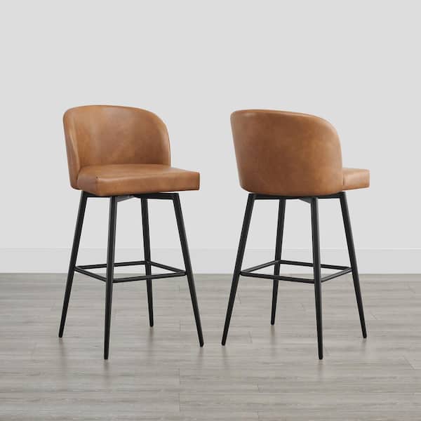 Cynthia 30 in. Cognac Brown High Back Metal Swivel Bar Stool with Faux Leather Seat (Set of 2)