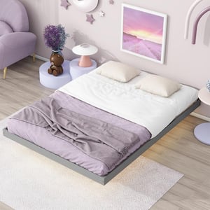 Modern Low Profile Gray Wood Frame Floating Full Platform Bed Frame with LED Lights Underneath