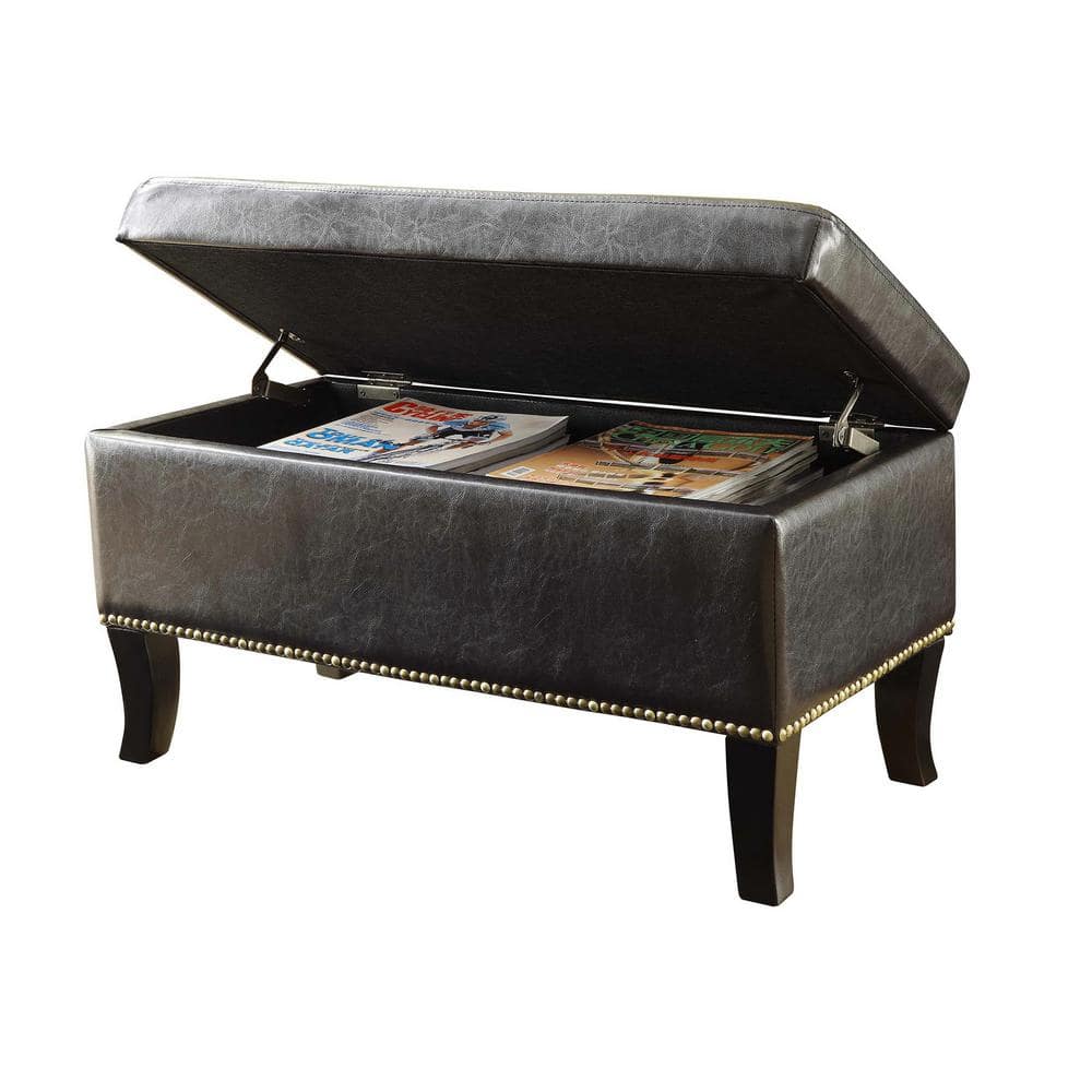 Espresso Faux Leather Tufted Storage Ottoman with Nailhead Trim