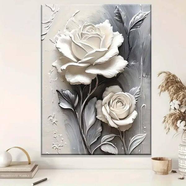 額装品/White Rose/バンクス/ポスター/アート/インテリア Elegant White Rose Framed Canvas Art, 24 x 16, Modern Black and