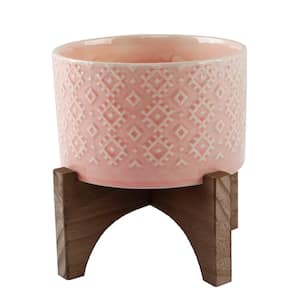 5 in. Pink India Ceramic Planter on Wood Stand Mid-Century Planter