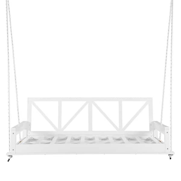 Twin Size Swing Bed 2-Person White Acacia Wood Porch Swing Hanging Bed Frame with Ropes and Safe Sloped Design