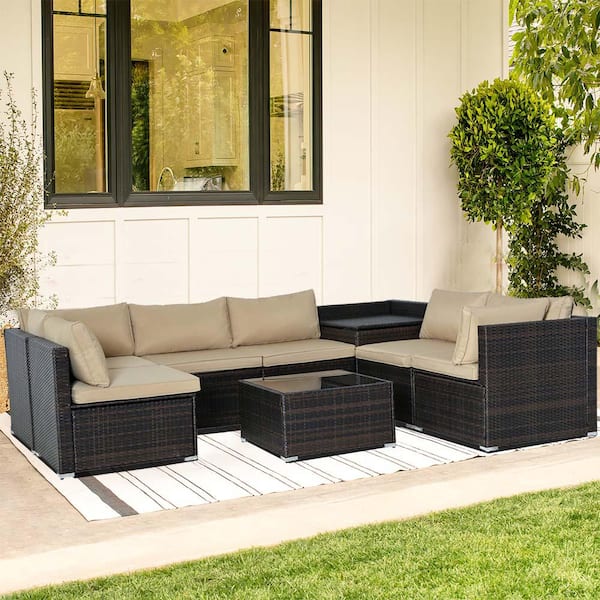 8-Piece Brown Wicker Outdoor Sectional Set with Yellow Cushions and ...