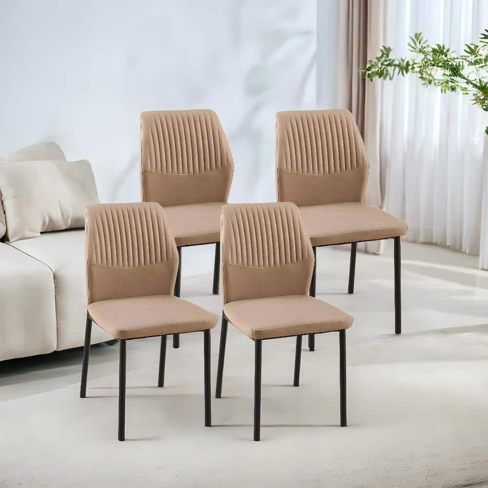 Modern Beige PU Leather Dining Chairs Kitchen Armless Side Chair with Metal