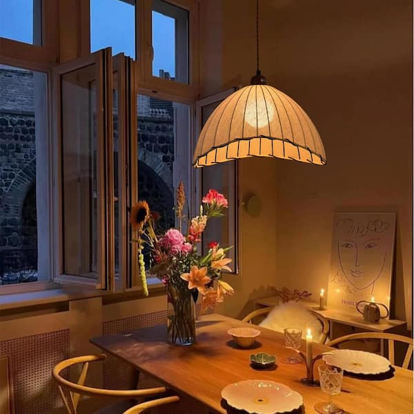 Farmhouse 1-Light Brown Coastal style Scallop Edges Chandelier with Beige Fabric Shade for Kitchen Island Dining Room
