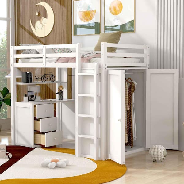 White Twin Size Wood Loft Bed with Drawers, Desk, and Wardrobe