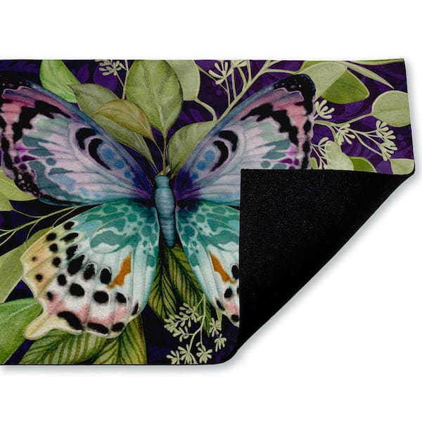 Midnight Butterfly Garden Green 18 in. x 30 in. Polyester Non-Slip Outdoor Door Mat