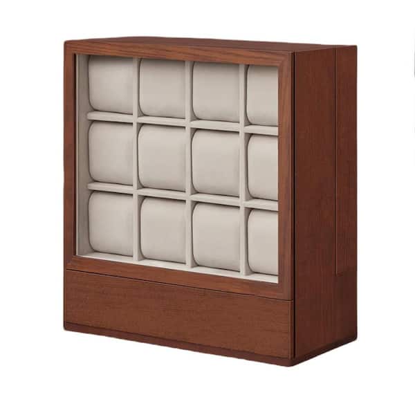 Unbranded 12-Slot Watch Box with Window, Solid Wood Veneer & Velvet Lining, Coffee Brown, 11.6 in. x 5.9 in. x 12.8 in.