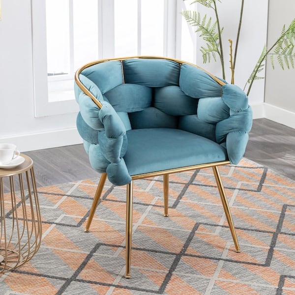 Blue Velvet Arm Chair, Single Sofa Chair, Modern Leisure Dresser Stool Comfy Dining Chairs Manicure Table Back Chair