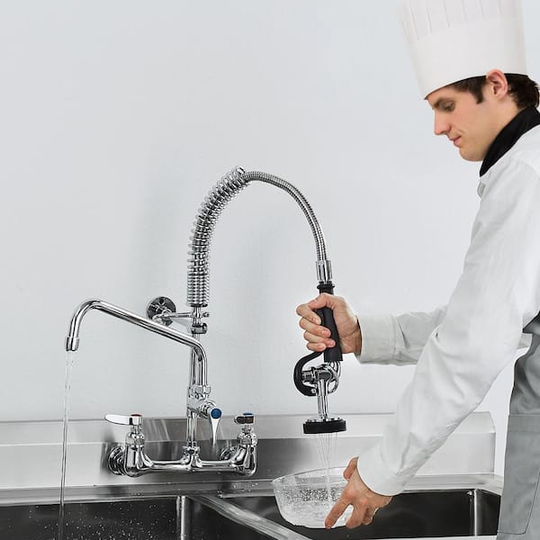 Commercial Faucet 21 in. H, 8 in. Center 12 in. Double Handle Pull Down Sprayer Kitchen Faucet in Silver
