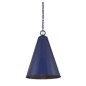 Meridian 18 in. W x 27.75 in. H 1-Light Navy Blue Shaded Pendant Light with White Metal Shade