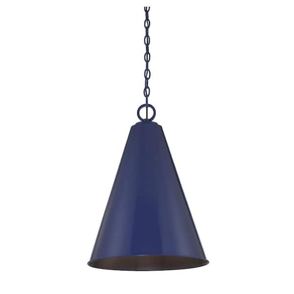 Savoy House Meridian 18 in. W x 27.75 in. H 1-Light Navy Blue Shaded Pendant Light with White Metal Shade