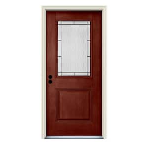 36 in. x 80 in. Right-Hand 1/2-Lite Wendover Black Cherry Stained Fiberglass Prehung Front Door with Brickmould