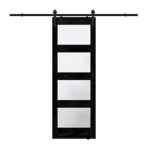 30 in. x 84 in. 4-Lite Tempered Frosted Glass Black Prefinished MDF Sliding Barn Door with Hardware Kit