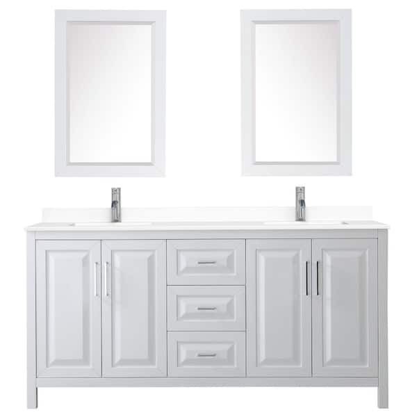 Wyndham Collection Daria 72 in. W x 22 in. D Double Vanity in White with Cultured Marble Vanity Top in White with Basins and Mirrors