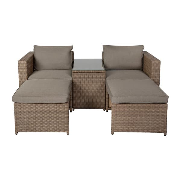 Nico Indoor Outdoor Modular 5 Piece Plastic Loveseat Sofa Set with Table and Ottomans Gray Cushions and Natural Rattan