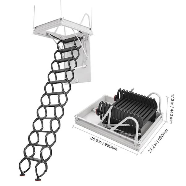 Attic Ladder, 660LBS. Capacity, Fits 8.5-9.4 ft. Ceilings, 39.4 x 27.5 in. Opening, Alloy Steel Pull-Down with Rod