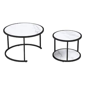 White Marble MDF Top Outdoor Coffee Table with Black Metal Frame (Set of 2)