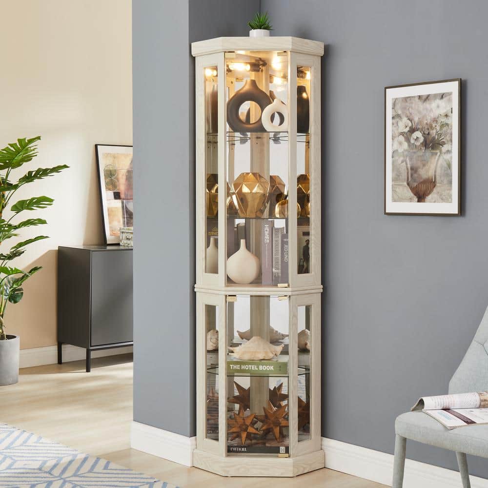 12-Bottle Antique White Wine Rack Corner Glass Cabinet Lighted Curio Cabine
