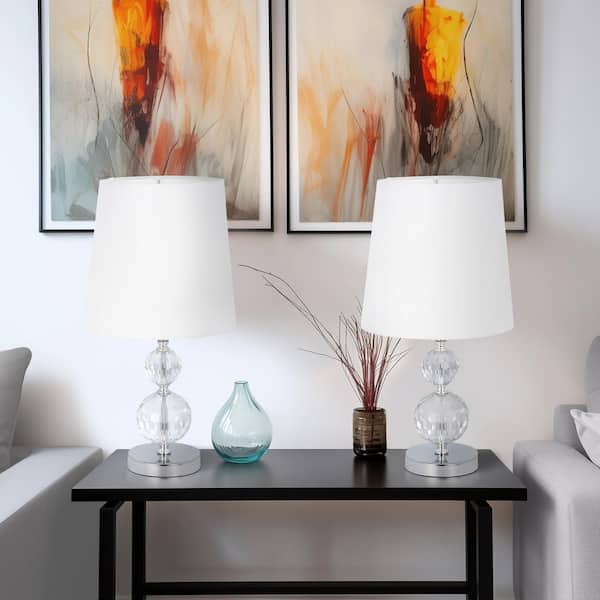 19 in. Silver Crystal Faceted Table Lamp Set and White Shade (Set of 2)